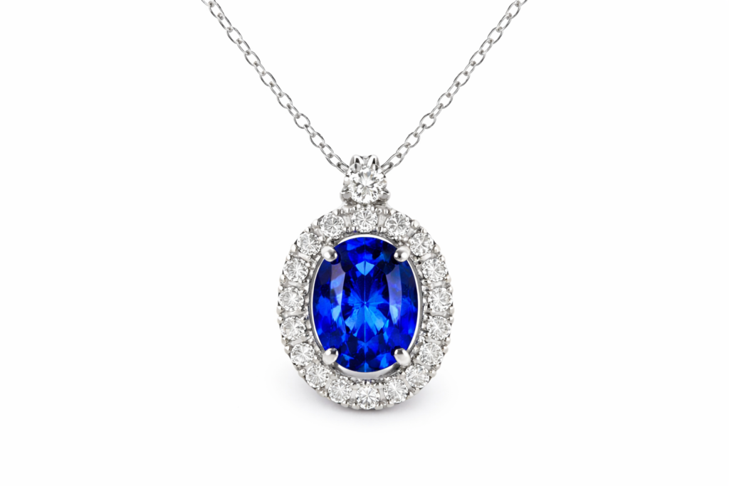 OVAL SAPPHIRE DIAMOND HALO NECKLACE — Necklace | Eterna Jewels Austin TX