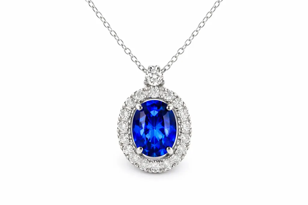 OVAL SAPPHIRE DIAMOND HALO NECKLACE — Necklace | Eterna Jewels Austin TX