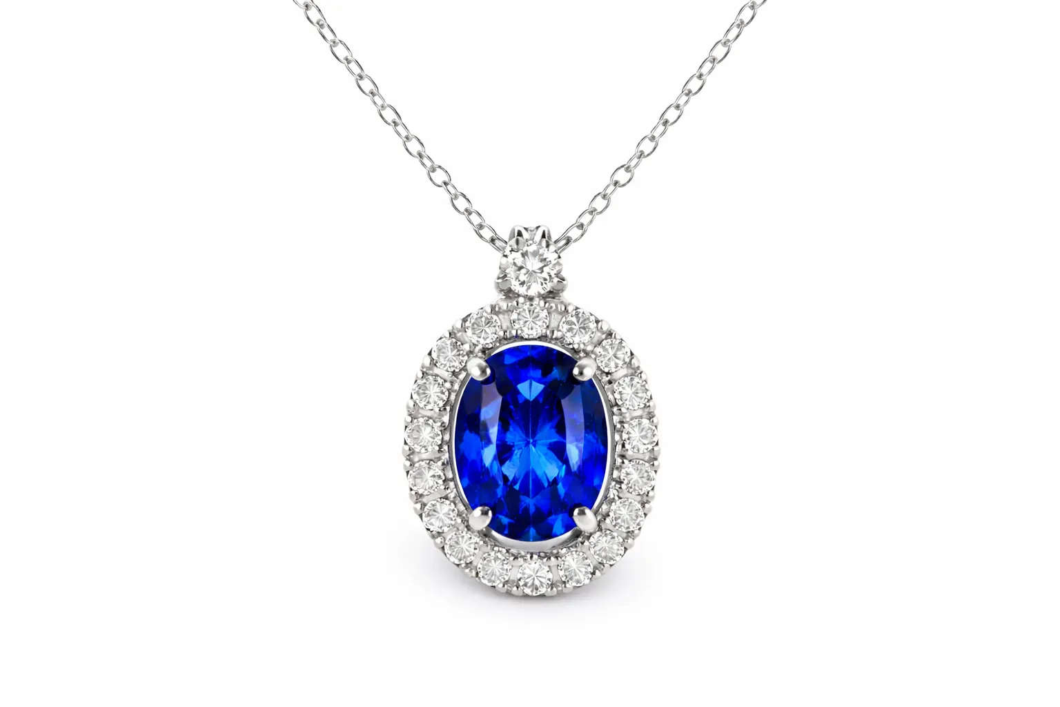 OVAL SAPPHIRE DIAMOND HALO NECKLACE — Necklace | Eterna Jewels Austin TX
